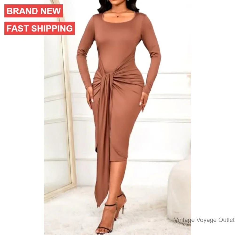 Long Sleeve Bodycon Midi Dress Wrap Tie Square Neck Party Dress - Picture 4 of 7